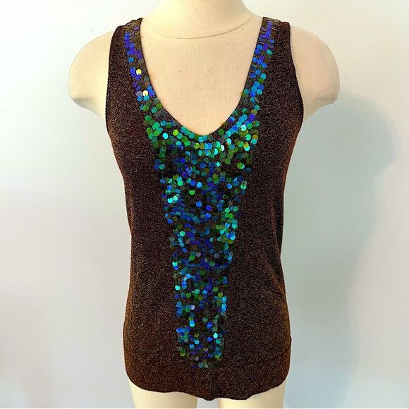 Necessary Objects Vintage Brown Knit Sequin Front V-Neck Sleeveless Top Medium - Picture 2 of 7